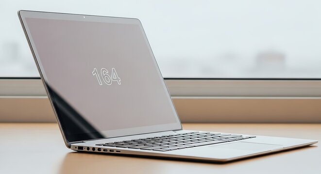 Silver laptop computer with number 164 displayed on screen, placed on a wooden desk near a window
