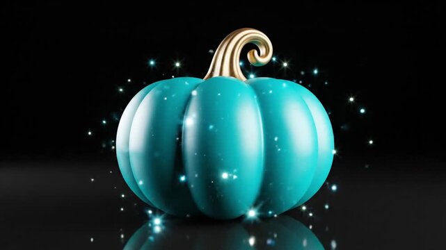 A teal pumpkin with a golden stem surrounded by glowing sparkles and soft light effects on a dark reflective background. Clean, modern 3D style suitable for seasonal themes.