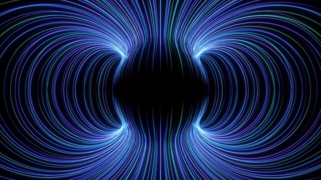 暗闇で直線の磁力線が球体を避けて曲がる超伝導マイスナー効果の抽象的なループ背景