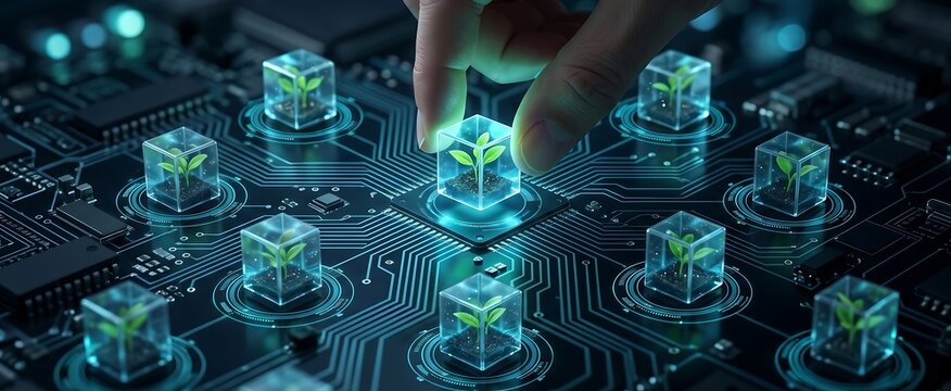 Hand placing a glowing cube with a green sprout onto a futuristic circuit board, representing technology and nature integration