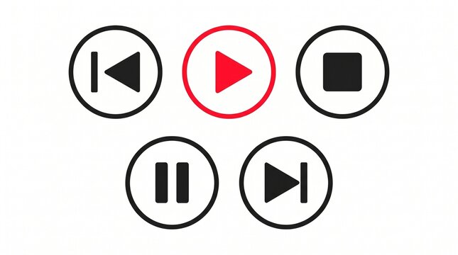 Multimedia player control round interface line icons set
