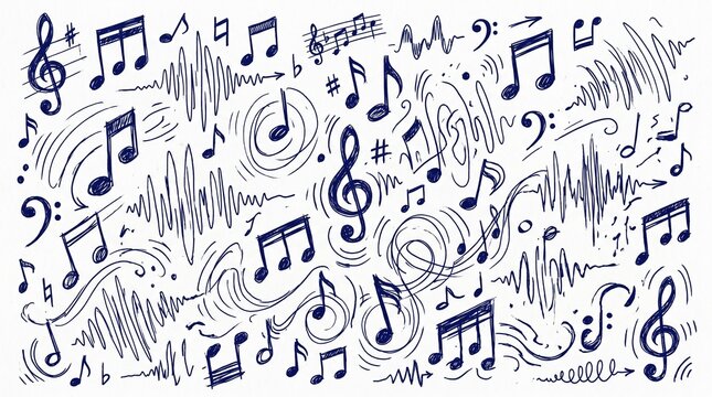 Musical notation elements and melodic soundwaves hand drawn doodle
