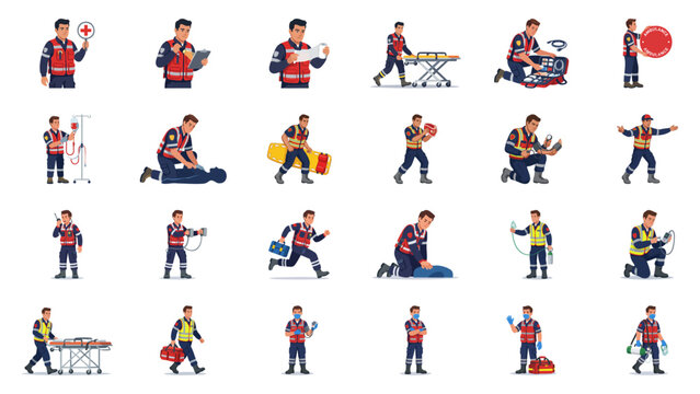 Paramedic Emergency Medical Technician Action Poses Set Healthcare Professional