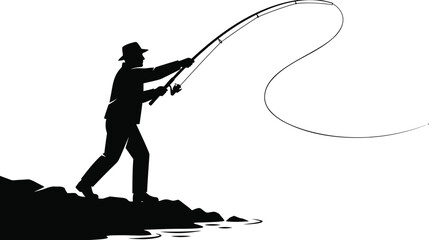 Obraz premium Fisherman casting fishing rod on rocky shore. man in hat and boots fishing by water with line silhouette.