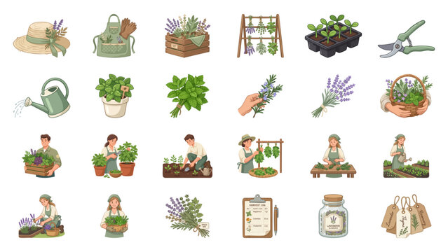 Gardening and Herb Harvest Collection with Tools and People