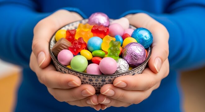 Person holding a bowl of colorful candy and chocolate Easter eggs in hands