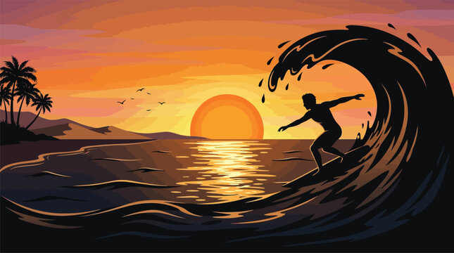 Vibrant illustration of a surfer riding a large wave against a stunning sunset with tropical palms on beach.