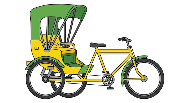 Yellow Rickshaw Illustration Side View With Green Canopy