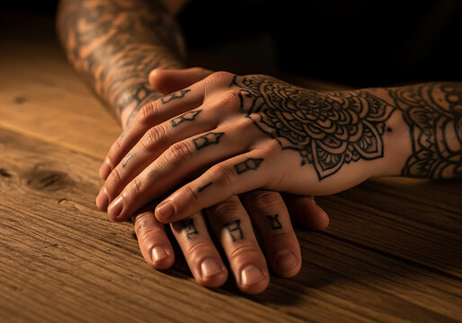 Close-up view of a person's heavily tattooed hands resting on a rustic wooden table with intricate designs visible.