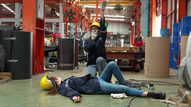 A female employee is helping her friend who was electrocuted in a metal cheese factory.(VDO 4K)