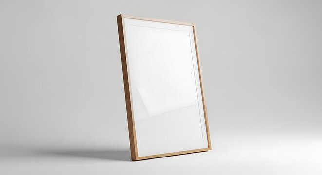 Vertical wooden frame with blank white insert leaning against a plain light gray background mockup
