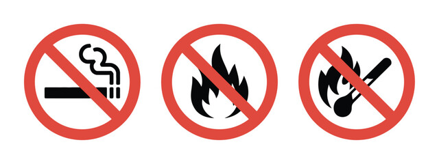 No smoking and no open flame sign set red prohibition symbols with cigarette and fire match icons safety warning signs hazard prevention restricted area concept vector illustration isolated ©    