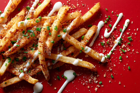 Crispy golden french fries seasoned with chili paprika powder and fresh chives, drizzled with creamy cheese sauce on a vibrant red background in a top-down flat lay presentation