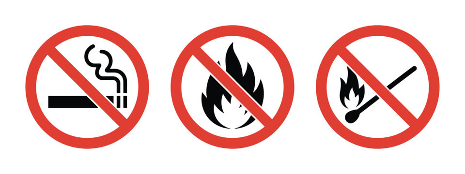 No smoking and no open flame sign set red prohibition symbols with cigarette and fire match icons safety warning signs hazard prevention restricted area concept vector illustration isolated