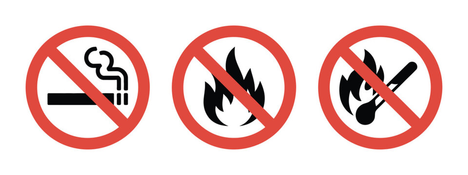 No smoking and no open flame sign set red prohibition symbols with cigarette and fire match icons safety warning signs hazard prevention restricted area concept vector illustration isolated