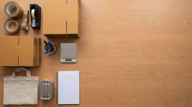 Packing supplies for shipping and delivery including cardboard boxes tape dispenser small scale notepad and reusable tote bag on wooden surface.