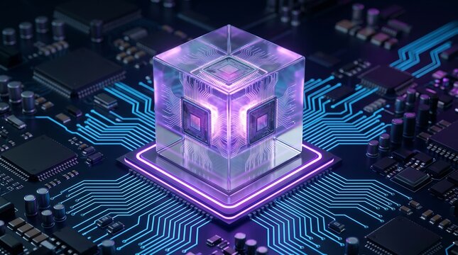 Futuristic holographic cube displaying advanced microchips and circuits represents breakthrough innovation in quantum computing technology and AI development.