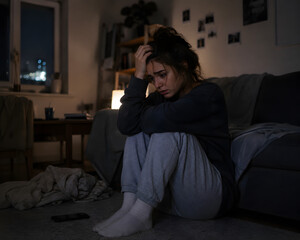 Obraz premium Young Woman Struggling with Depression and Emotional Distress at Home