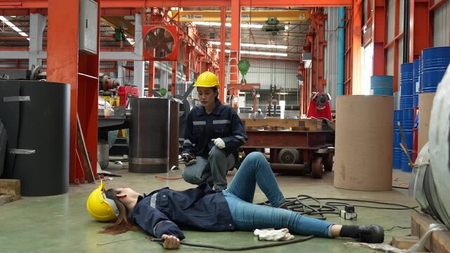 A female employee is helping her friend who was electrocuted in a metal cheese factory.(VDO 4K)