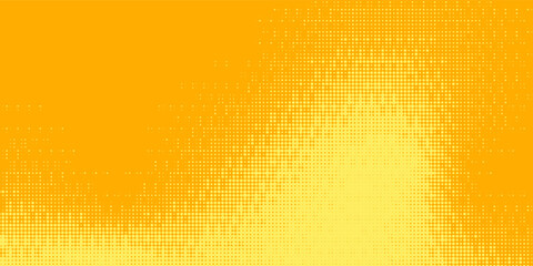 Fototapeta premium Yellow orange bitmap pixel texture. Dotted dither gradient pattern background. 8 bit halftone faded pop art gradation wallpaper. Vanishing raster video arcade game backdrop for banner, poster. Vector