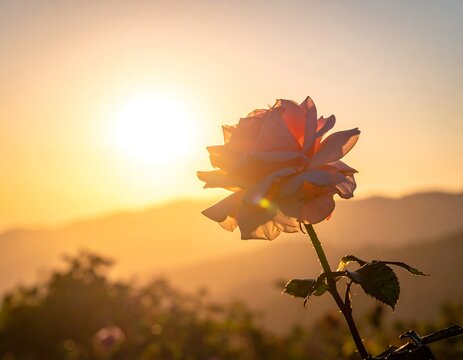 A serene rose in full bloom against a vibrant sunset backdrop
