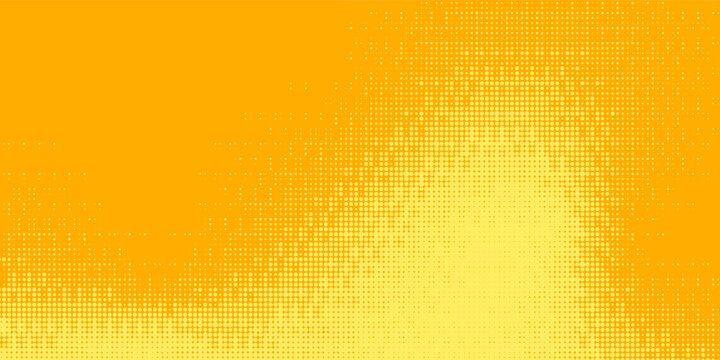 Yellow orange bitmap pixel texture. Dotted dither gradient pattern background. 8 bit halftone faded pop art gradation wallpaper. Vanishing raster video arcade game backdrop for banner, poster. Vector