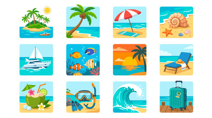 Fototapeta premium Set of colorful travel icons featuring tropical island beach scenes, sea life, luxury ocean cruise, vacation relaxation, and summer holiday vacation gear
