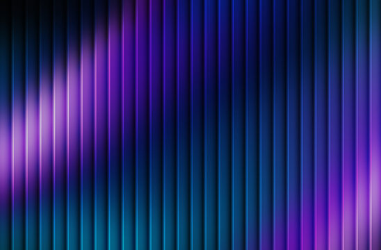 Abstract vertical ribbed metallic texture with glowing neon purple and blue light streaks