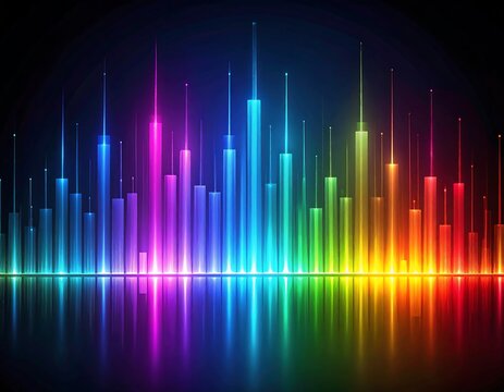Colorful, glowing, abstract cityscape reflecting on a dark surface.  Rainbow-hued vertical columns of light,  forming a dynamic, futuristic graphic
