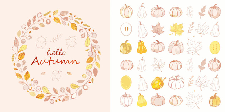 Autumn leaves and gourds watercolor illustration collection on a pale background
