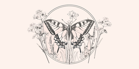 Butterfly And Floral Arrangement A Detailed Vector Illustration © Poly