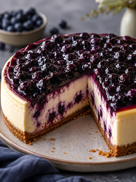 BLUEBERRY CHEESECAKE &ndash; A masterclass classic. Dense, rich, creamy cheesecake crowned with a glossy, sweet blueberry compote.