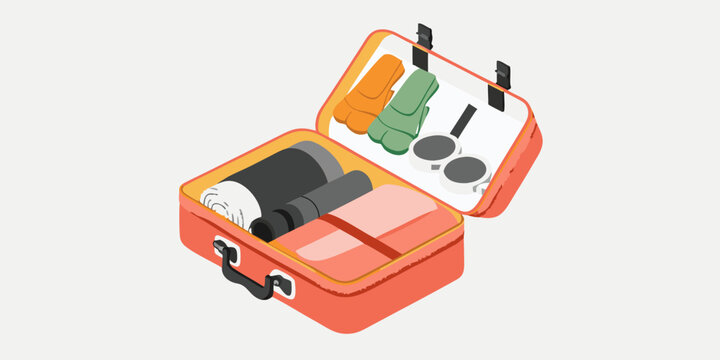 Open suitcase packed with clothing and accessories isometric vector illustration