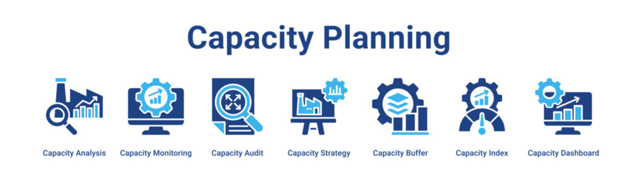 Capacity Planning web banner icon vector illustration concept for industry with icon of Capacity Analysis, Capacity Monitoring, Capacity Audit, Capacity Strategy, Capacity Buffer, Capacity Index,.