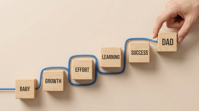 From Baby to Dad: A Stairway of Growth, Effort, Learning, and Success illustrated with wooden blocks and a guiding blue line.