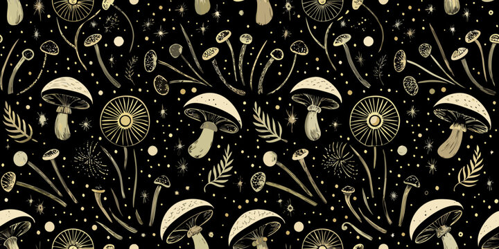 Mushroom pattern a detailed vector illustration on a black background