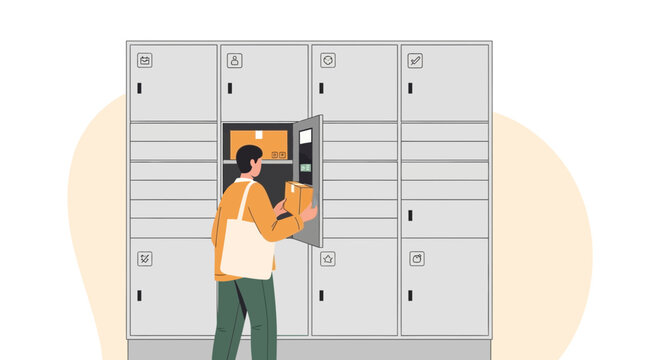 Man using smart parcel locker for package delivery and pickup, modern logistics