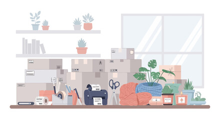 Obraz premium Moving Boxes and Office Supplies on a Desk with Plants and Window Background