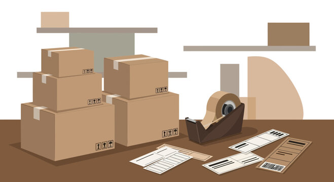 Moving Boxes Stacked on Table with Packing Tape and Shipping Labels