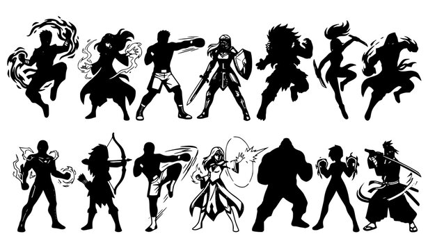 Original Manga Style Fighting Characters Collection with Energetic Action Poses Vector Illustration