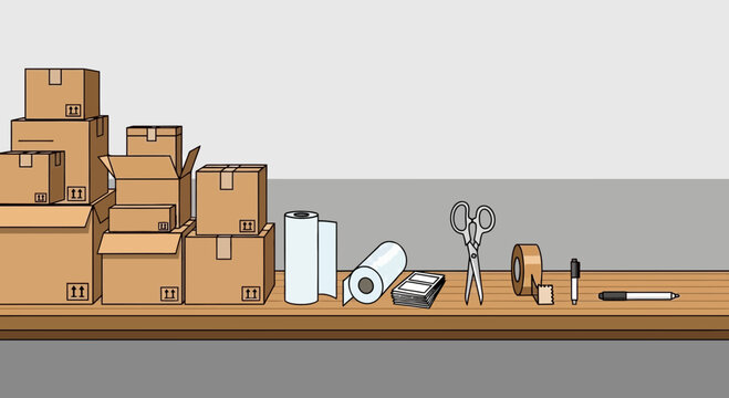 Moving Supplies: Cardboard Boxes, Tape, Scissors, and Bubble Wrap on a Table