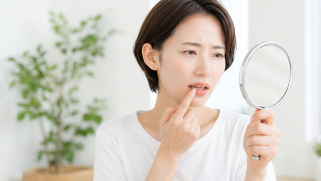 明るく清潔感のある室内で手鏡を見ながら口元を指で確認し、唇や歯の状態を気にして不安そうな表情を見せる若い女性のライフスタイルポートレート。オーラルケア、口内トラブル、セルフチェック、デンタルケア、美容と健康意識をテーマにした、日常生活に寄り添うナチュラルな人物イメージ素材