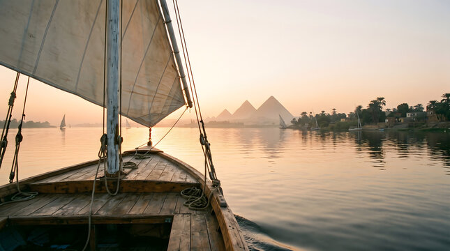 View from Bow of Traditional Felucca Boat Sailing on Nile River