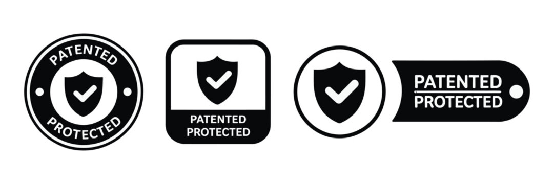 patented protected shield icons with checkmark black vector symbols on transparent background for legal protection security validation trust guarantee and compliance certification concept