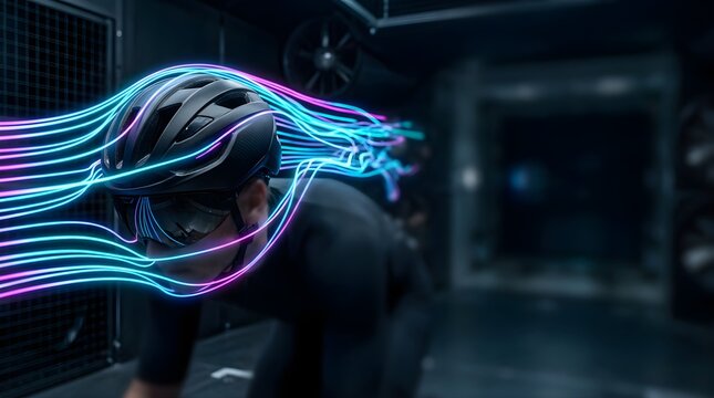 Cyclist wearing aerodynamic helmet tested with neon airflow in tunnel