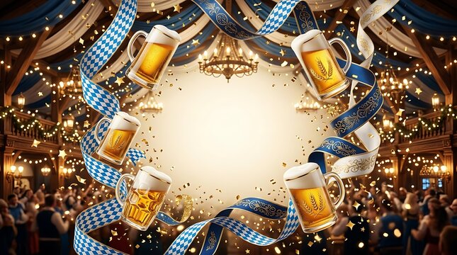 Vibrant Oktoberfest Celebration Background with Beer Mugs Ribbons and Confetti Festive Bavarian Party Frame.