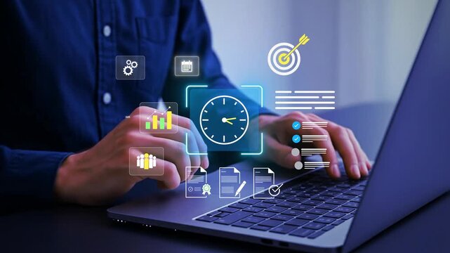 Business professional working on a laptop with clock and to do list interface, Business Time Management and Task Planning with Productivity Dashboard, Scheduling Tools, Workflow Optimization and Proje