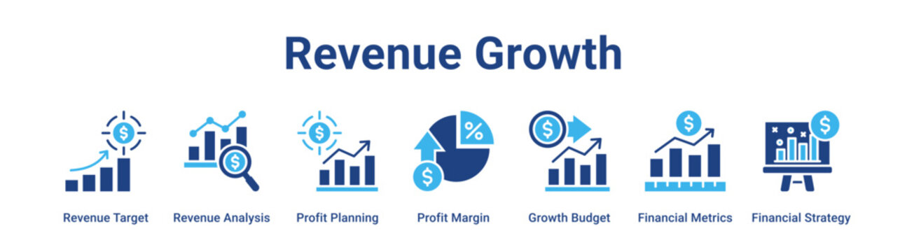 Revenue Growth web banner icon vector illustration concept for business with icon of Revenue Target, Revenue Analysis, Profit Planning, Profit Margin, Growth Budget, Financial Metrics.