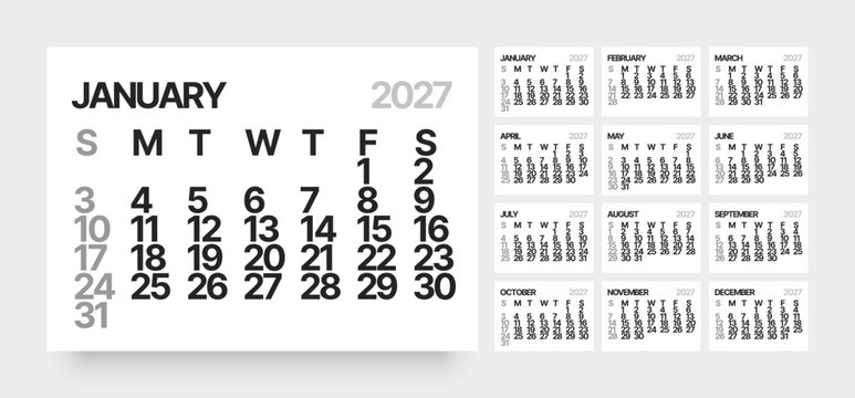Minimalist monthly calendar for 2027 with large font, week starts on Sunday.