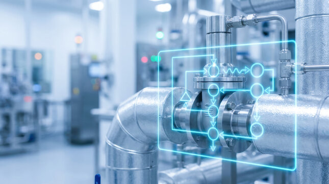 Industrial process control system with digital interface overlay metal pipeline valve factory environment showing semiconductor chip war impact